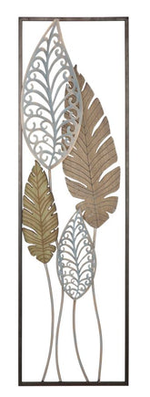 Decoración de pared rectangular de metal y MDF con hojas 3D
