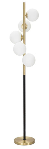 Lámpara de pie de 5 luces Glamyy Metal dorado y negro esferas de cristal blanco