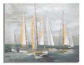 Pintura mural de barco dorado sobre lienzo con marco de madera