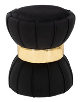 Taburete redondo de terciopelo negro con banda decorativa dorada