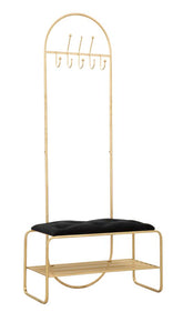 Banco con perchero integrado de metal dorado y terciopelo negro