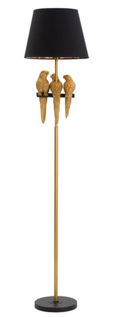 Lámpara de pie decorada con loros Metal dorado pantalla de tela negra