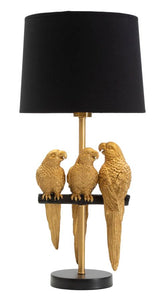 Lámpara de mesa Perroquets, metal dorado, pantalla de tela negra