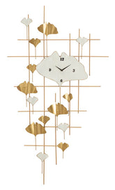 Reloj de pared decorativo geométrico con hojas doradas y blancas