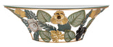 Consola de pared semicircular de metal dorado con tablero de cristal decorado con flores y hojas multicolores