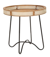 Mesa de centro Fuji, borde de madera, rejilla vienesa, base de metal negro