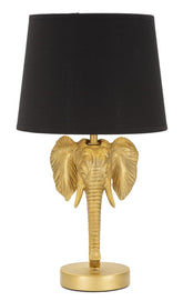 Lámpara de mesa cabeza de elefante de metal negro y pantalla de tela negra