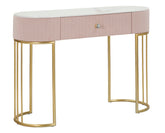 Consola rectangular Montpellier Tejido acolchado Rosa superficie imitación mármol estructura de metal dorado