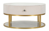 Mesa de centro redonda Montpellier de imitación mármol y tejido crema con estructura de metal dorado