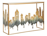Consola rectangular de metal dorado con tablero de cristal de espejo