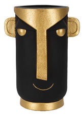 Jarrón de cara estilizada negro y dorado