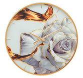 Reloj de pared redondo decorado con una rosa, marco dorado