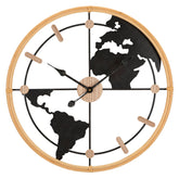 Reloj de pared redondo Mundo decorado en metal negro y madera natural