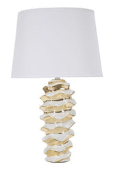 Lámpara de mesa Glam Space cerámica blanca y dorada pantalla de tela blanca