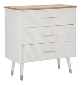 Cómoda de madera blanca con 3 cajones, tapa de madera marrón y patas de metal dorado