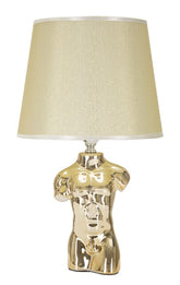 Lámpara de mesa busto de hombre cerámica dorada pantalla de tela beige
