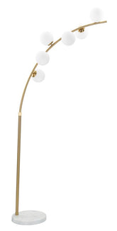 Lámpara de pie arqueada Glamy Metal Dorado base Mármol 6 Esferas Cristal Blanco