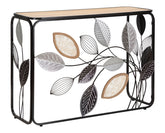 Consola rectangular de metal negro y madera marrón con hojas decorativas