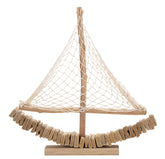 Escultura de velero de madera con vela de tela y base de madera