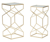 Mesa cuadrada de metal dorado con tablero de cristal