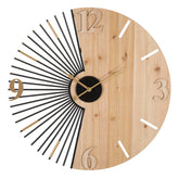 Reloj de pared redondo de metal y madera con diseño de rayos de sol