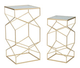 Mesa cuadrada de metal dorado con tablero de cristal