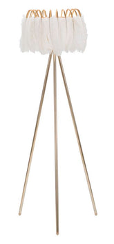 Lámpara de pie de metal dorado con pantalla de plumas blancas