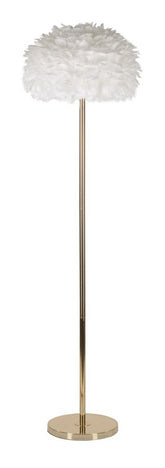 Lámpara de pie Slim de metal dorado y pantalla de plumas sintéticas blancas