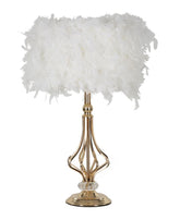 Lámpara de mesa Tarty de metal dorado y pantalla de plumas sintéticas blancas