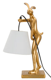 Lámpara de mesa de resina dorada, modelo Conejo, pantalla de tela blanca