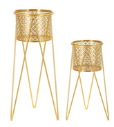 Soporte para jarrón de metal dorado decorado con esculturas redondas - Juego de 2 piezas