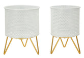 Set de 2 porta-macetas redondos de metal blanco y soporte de metal dorado