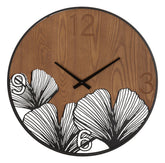 Reloj de pared redondo de metal y madera con esculturas de hojas