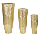 Floreros de metal dorado, juego de 3, con decoraciones circulares en relieve