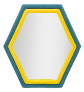 Espejo de pared hexagonal con marco de madera y terciopelo azul y amarillo