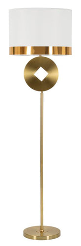 Lámpara de pie geométrica de metal dorado con pantalla de tela blanca de borde dorado