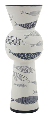 Jarrón alto de cerámica blanca con decoración de peces y azul