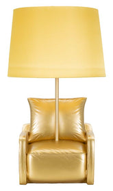 Lámpara de mesa Mid-Century de resina dorada con pantalla de tela ocre amarillo