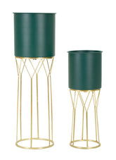 Soporte de maceta de 2 piezas, verde con base dorada y motivos geométricos