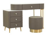 Tocador Sharon de polipiel acolchado con taburete de metal dorado