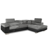 Sofá esquinero convertible Alixto, reposacabezas ajustables, piel sintética negra y tela gris oscuro