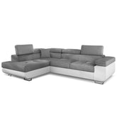 Sofá esquinero convertible con reposacabezas elevables Alixto, esquina izquierda, polipiel blanco y tela gris claro