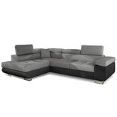 Sofá rinconero convertible Alixto de polipiel negra y tela gris oscuro con reposacabezas ajustables