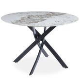 Mesa redonda Callini cerámica mármol blanco 120cm patas cruzadas metal negro