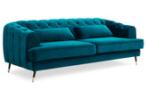 Canapé 3 places Banola style boudoir velours bleu canard capitonné