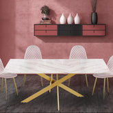 Mesa de comedor de cristal efecto mármol Aslel con patas metálicas doradas