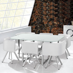 Mesa rectangular de cristal blanco con 6 sillas que ahorran espacio