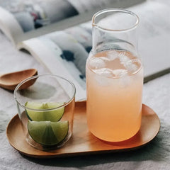 Botella de agua de vidrio con vaso, garrafa de cabecera, jarra de agua nocturna con vaso, vasos, frasco, jarra para té con leche