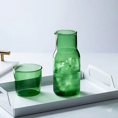 Botella de agua de vidrio con vaso, garrafa de cabecera, jarra de agua nocturna con vaso, vasos, frasco, jarra para té con leche