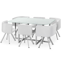 Mesa rectangular de cristal blanco con 6 sillas que ahorran espacio